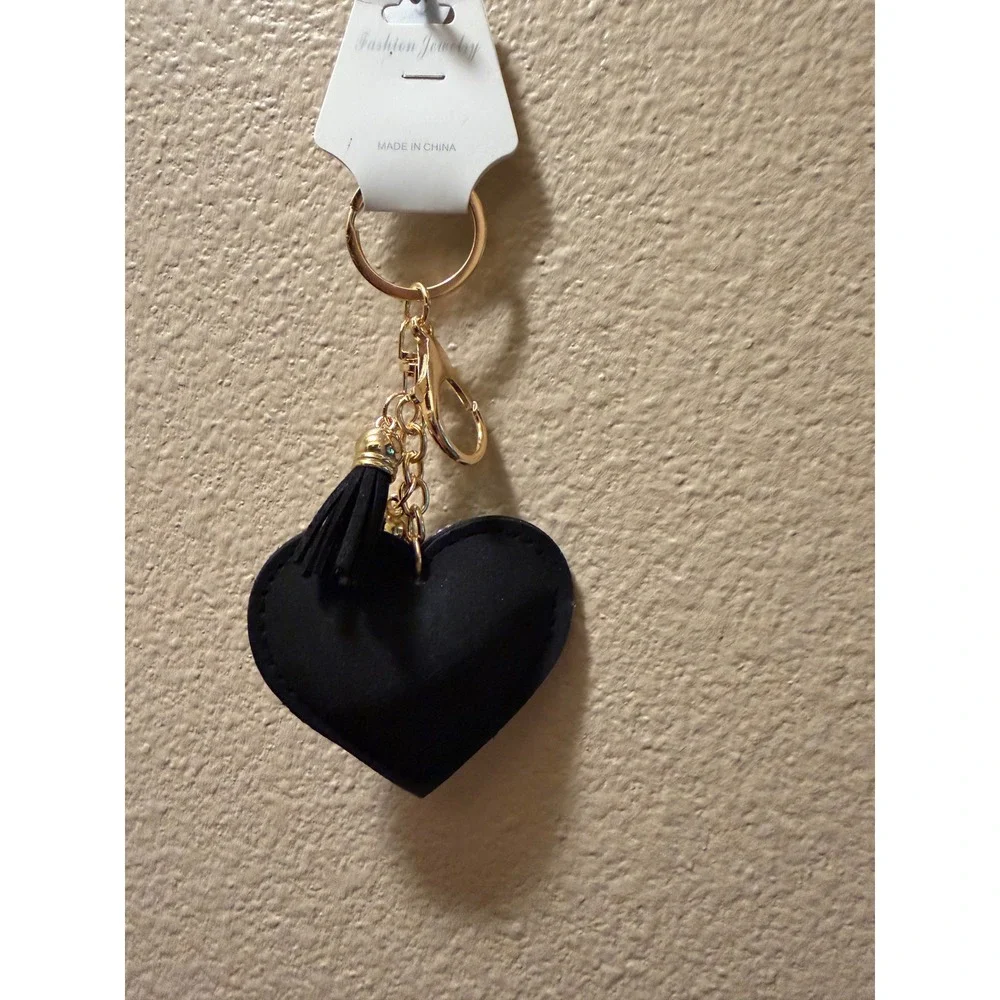 Black White Checkered Rhinestone Heart Keychain Tassel Gold Bell KC471X043